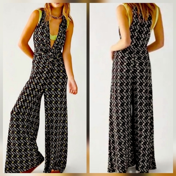 Free People Pants - Free People Shayna Halter Wide Leg Black and White Floral Jumpsuit
